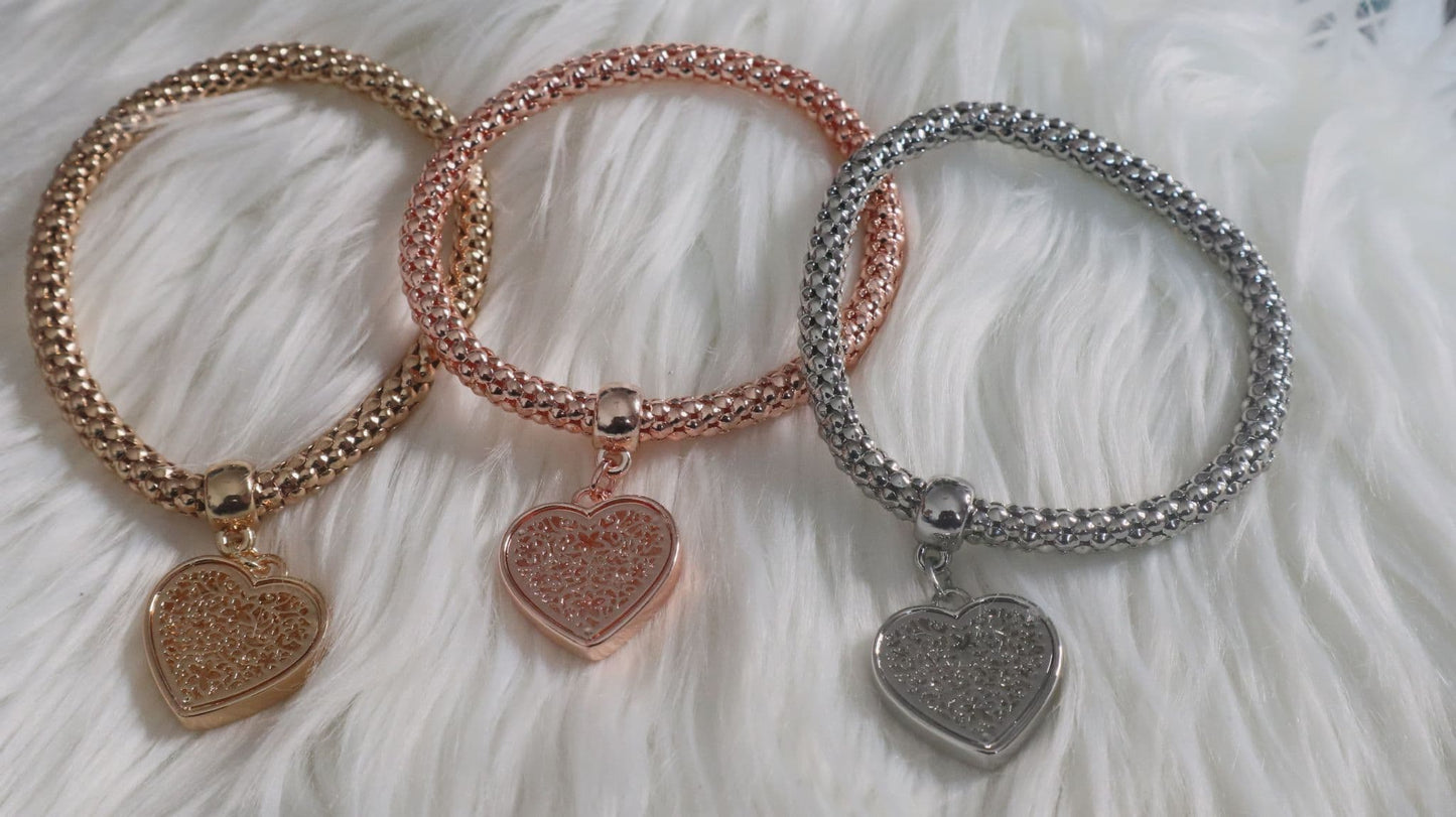 3 - Heart Charm Elasticated Bracelets