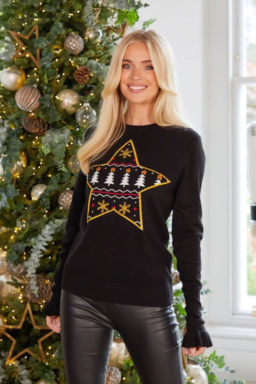 Black Reindeer Fairisle Star Neck Christmas Jumper