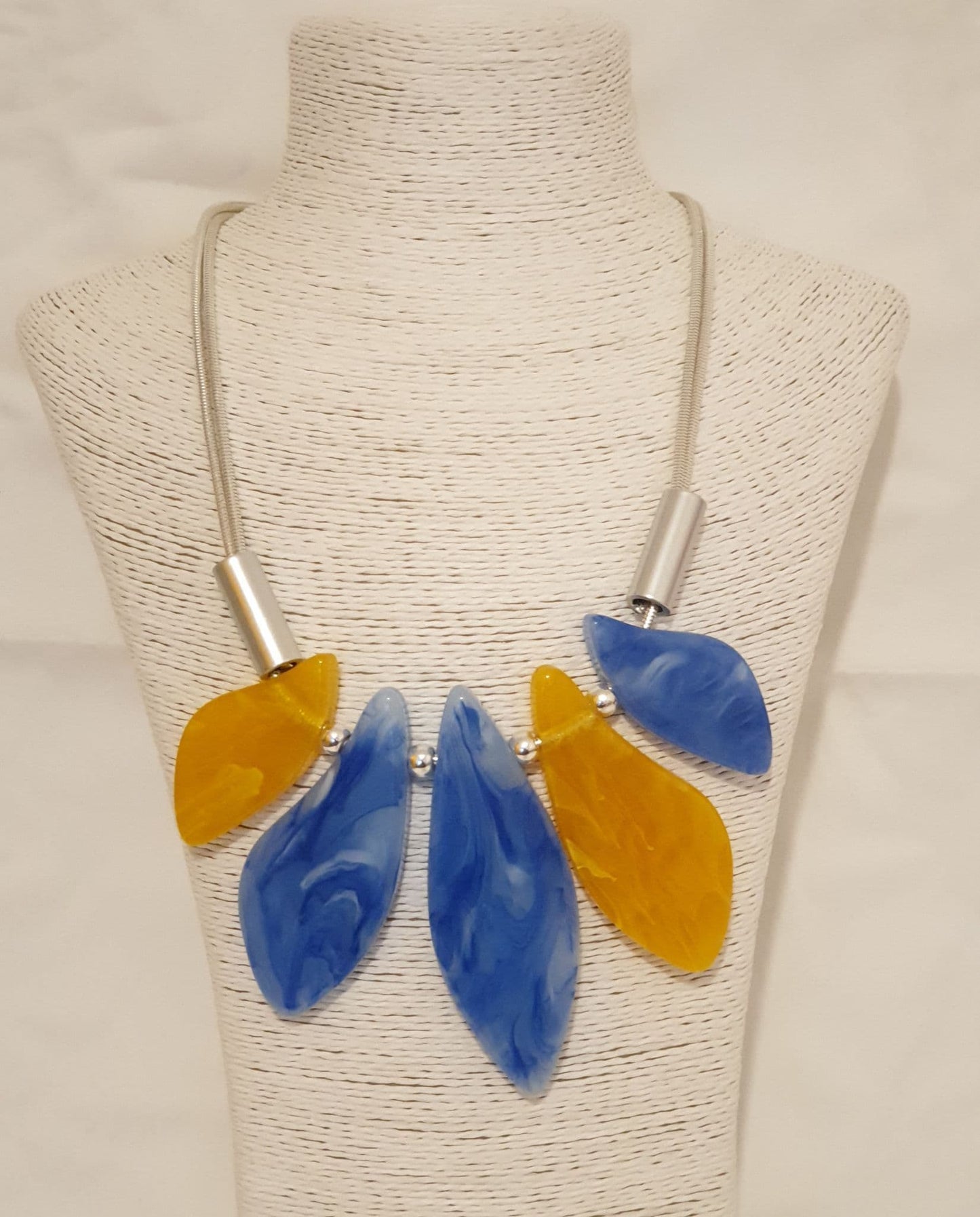 Blue And Yellow Acrylic With Silver Tone Necklace