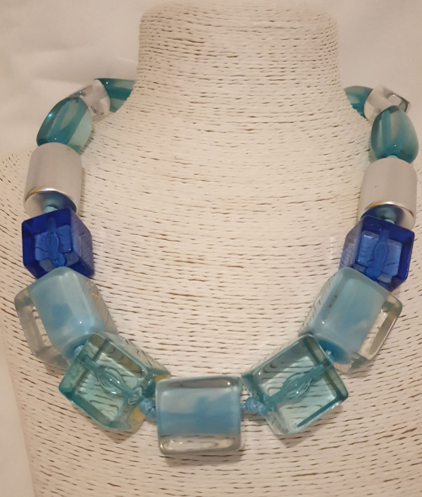 Blue, Teal, Clear Acrylic And Silver Tone Necklace