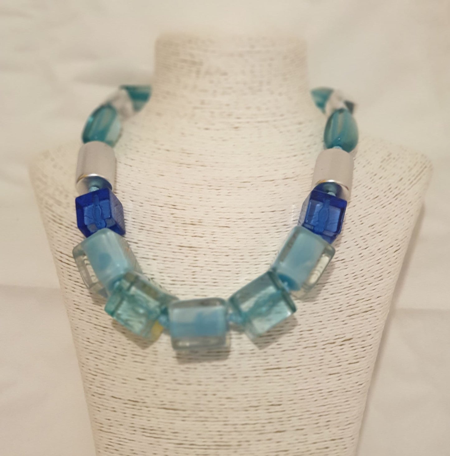Blue, Teal, Clear Acrylic And Silver Tone Necklace