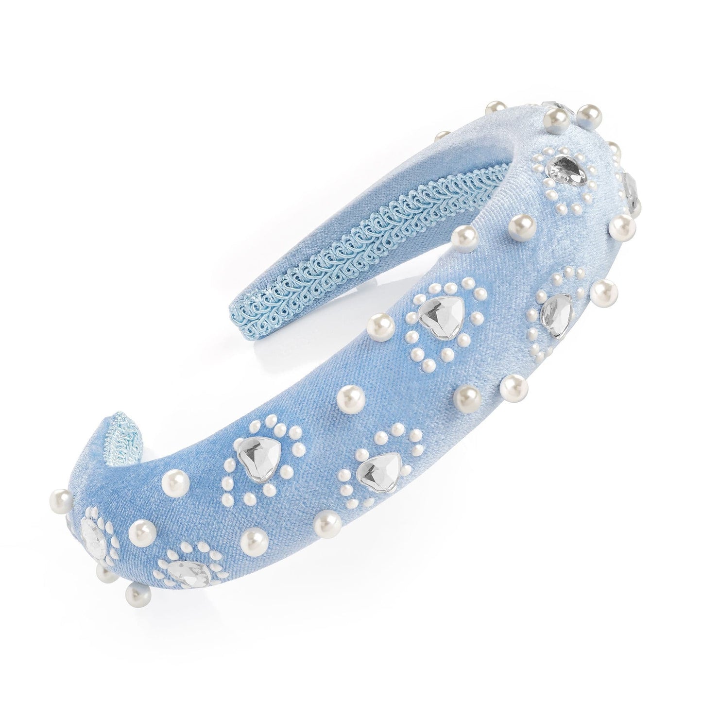 Blue velvet and cream pearl look heart design padded headband. HA33156
