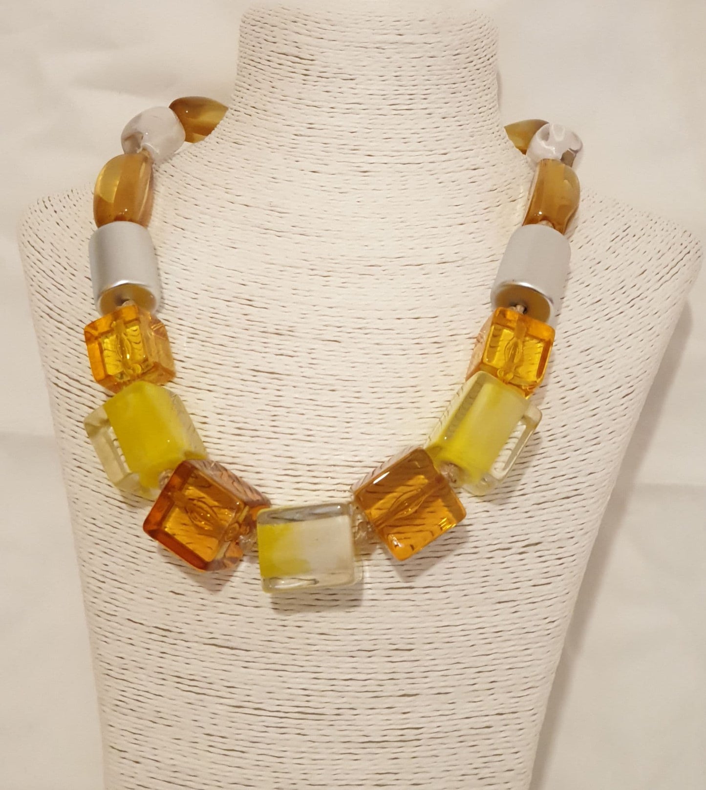 Carmel, Yellow, Clear Crystal Acrylic And Silver Necklace