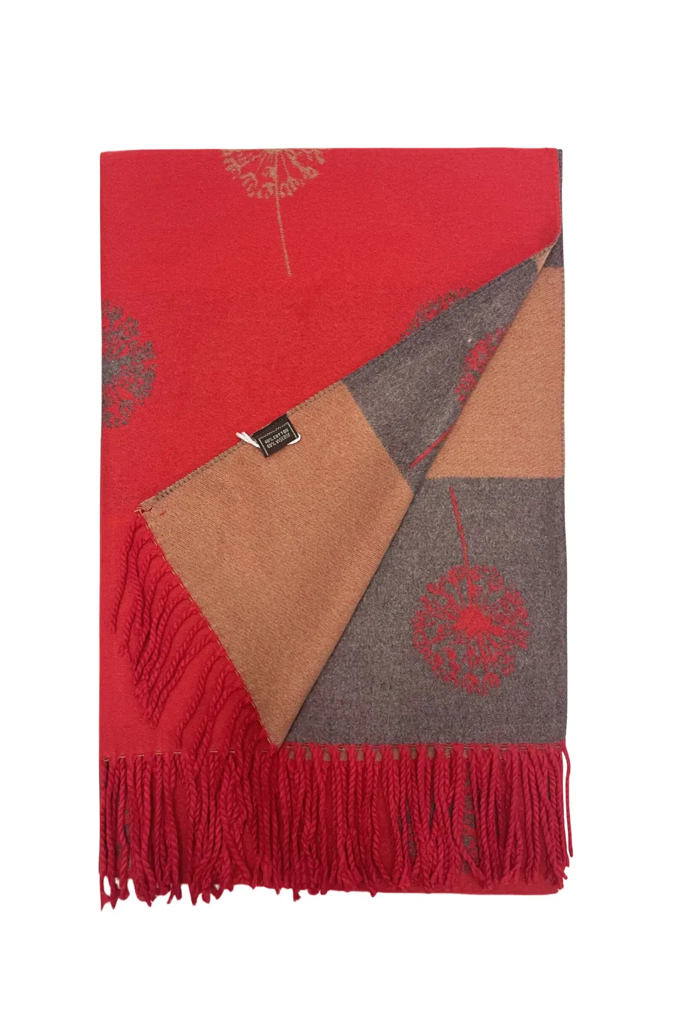 Dandelion Print With Reversible Stripe Tassel Scarf - Red