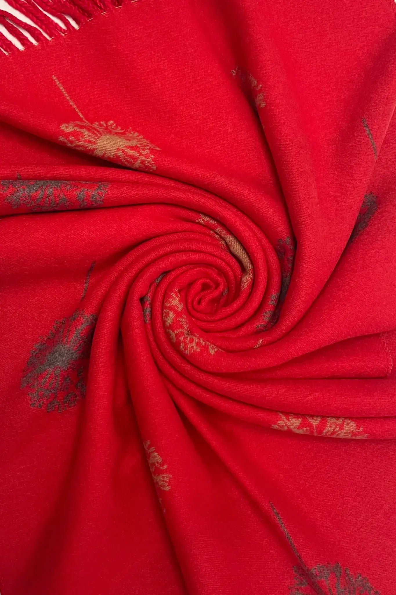 Dandelion Print With Reversible Stripe Tassel Scarf - Red