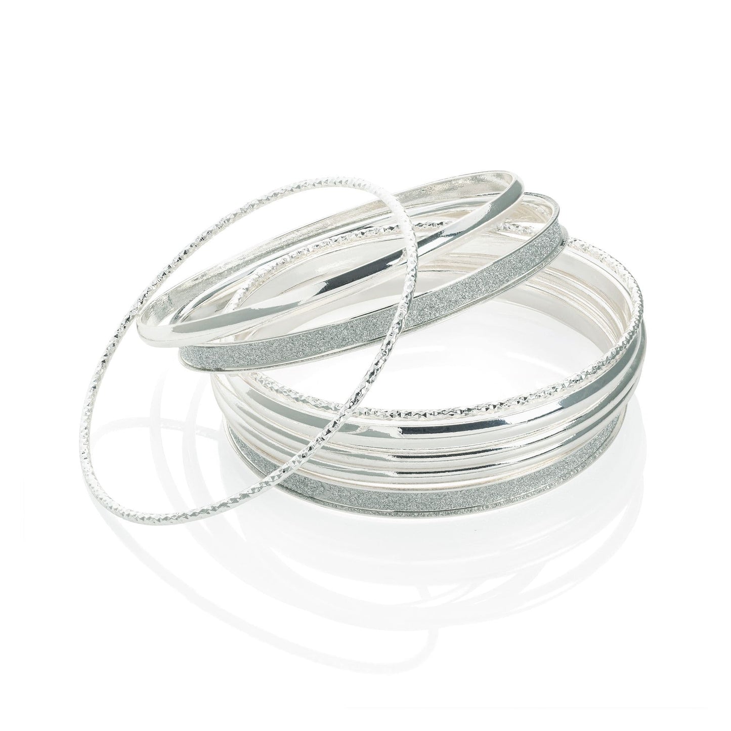 Eight piece silver colour glitter effect bangle set.