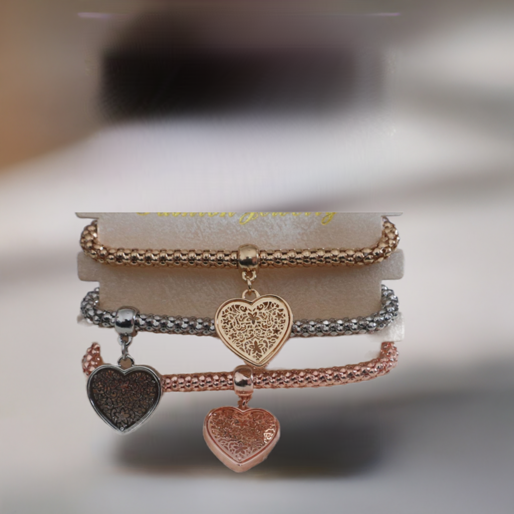 3 - Heart Charm Elasticated Bracelets