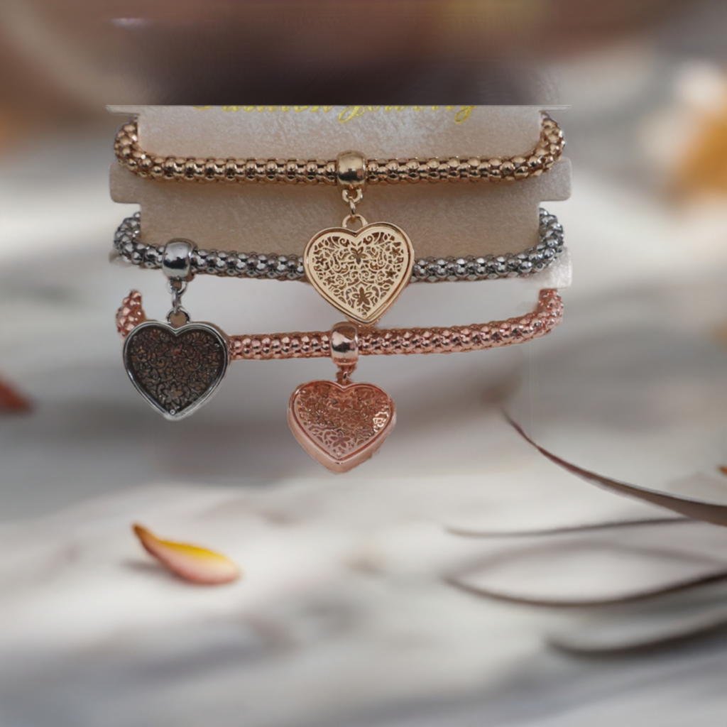 3 - Heart Charm Elasticated Bracelets