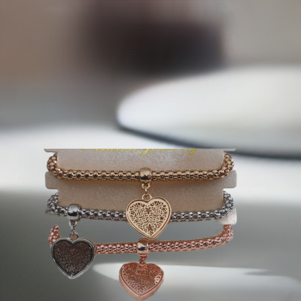 3 - Heart Charm Elasticated Bracelets