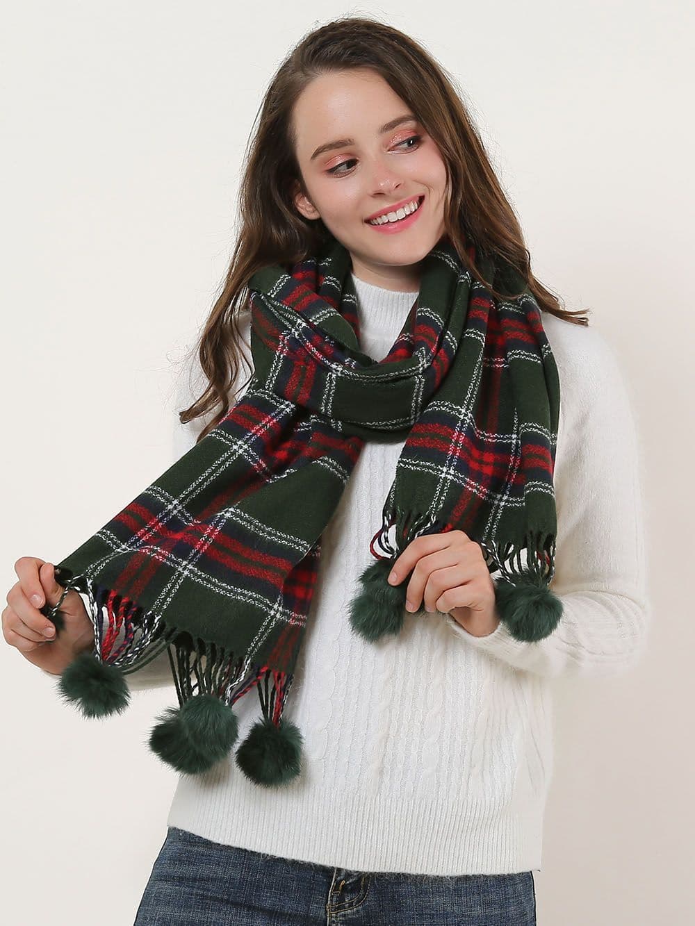 Green Plaid Soft Long Scarf With Pom Pom Detail