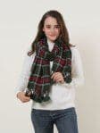 Green Plaid Soft Long Scarf With Pom Pom Detail