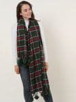 Green Plaid Soft Long Scarf With Pom Pom Detail