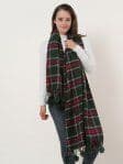 Green Plaid Soft Long Scarf With Pom Pom Detail