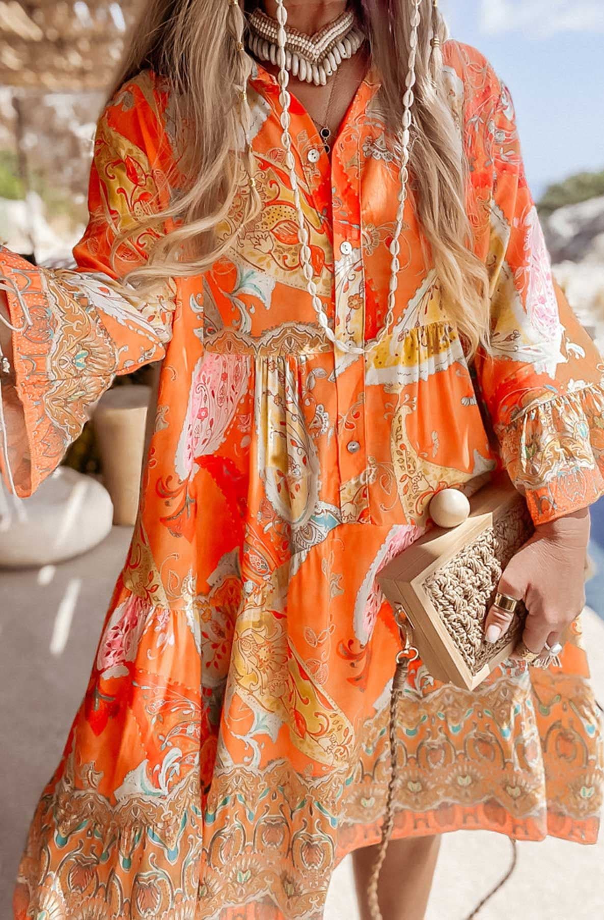 Kira - Oversized Abstract Floral Tunic Dress Orange/Yellow