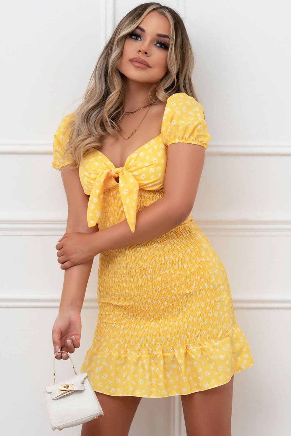 Kiss Yellow Ditsy Floral Knot Front Shirred Dress