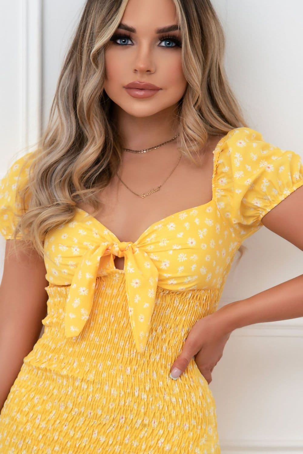 Kiss Yellow Ditsy Floral Knot Front Shirred Dress