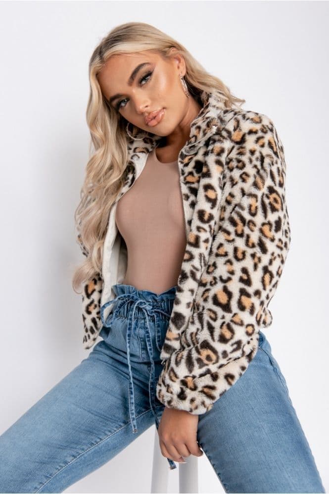Leopard Faux Fur Cropped Bomber Jacket