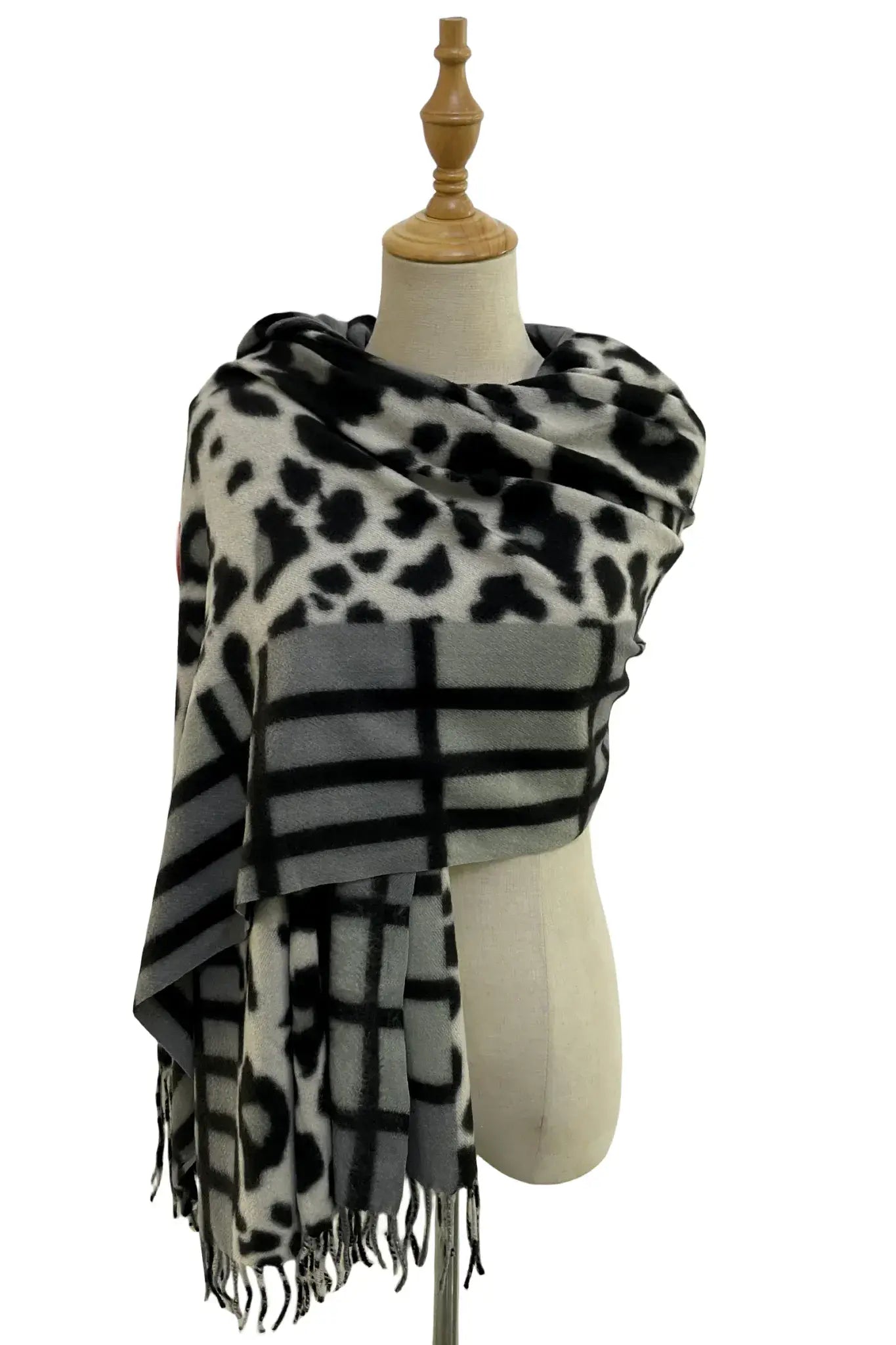 Leopard Print & Check Tassel Scarf - Grey