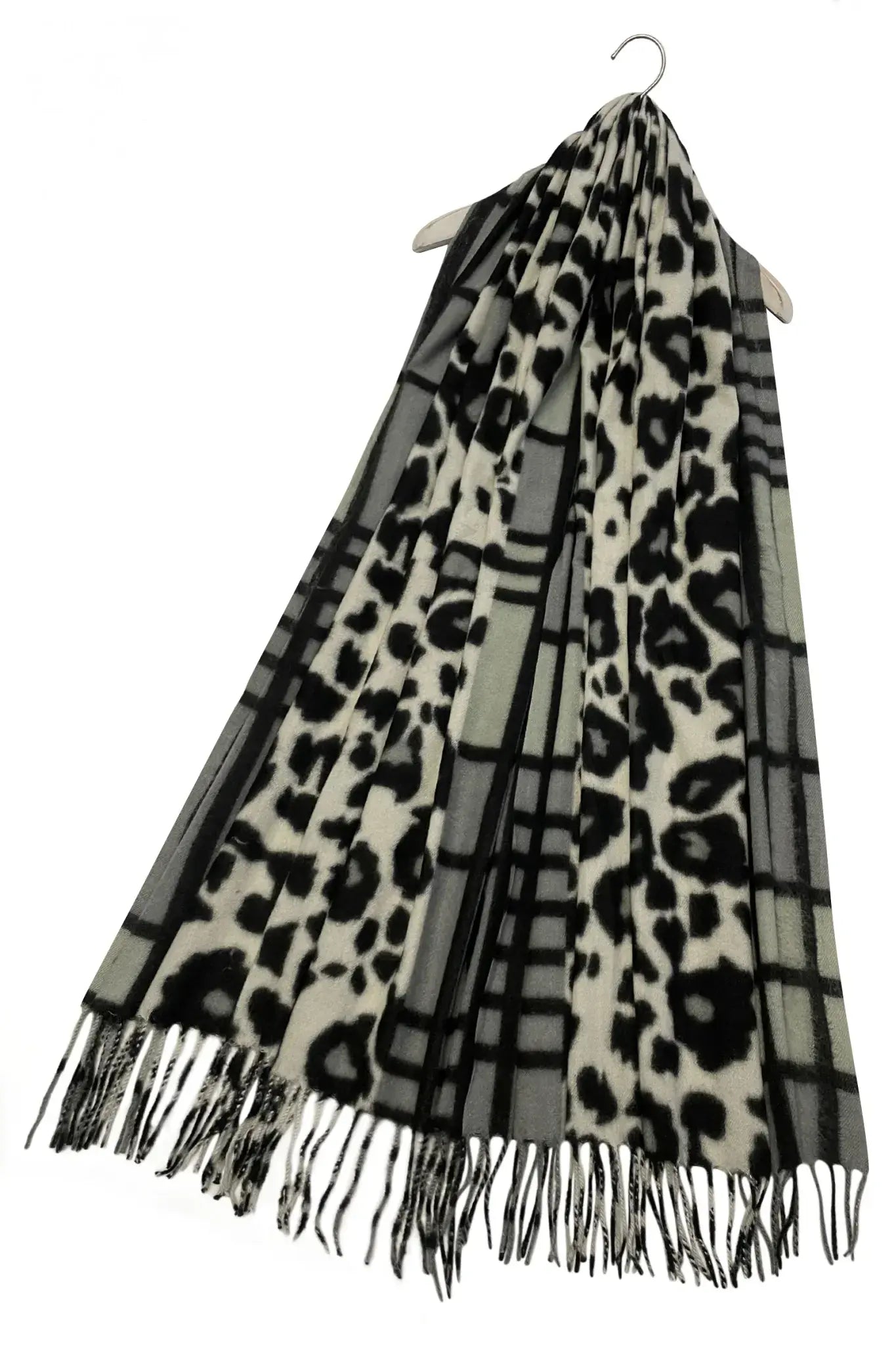 Leopard Print & Check Tassel Scarf - Grey