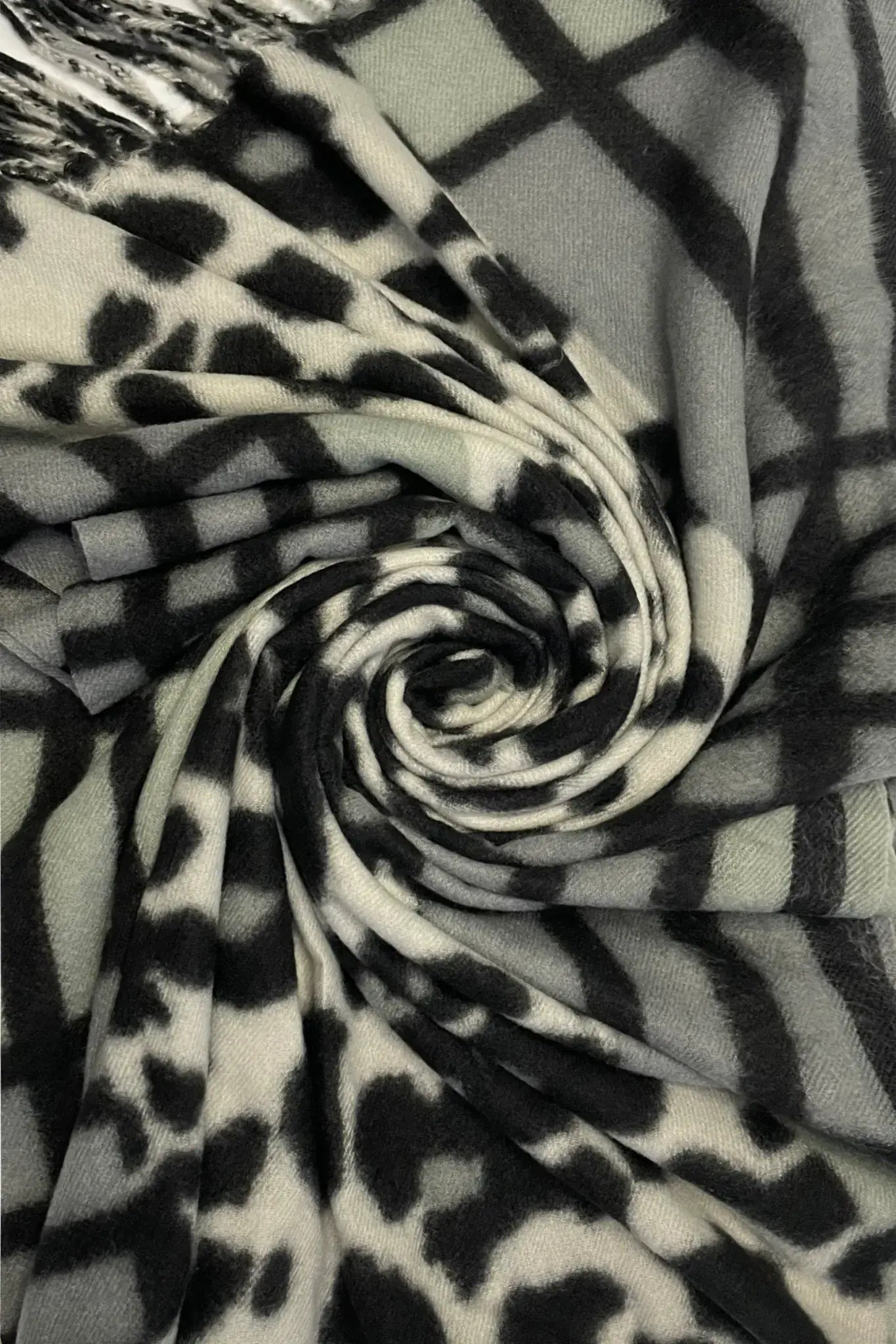 Leopard Print & Check Tassel Scarf - Grey