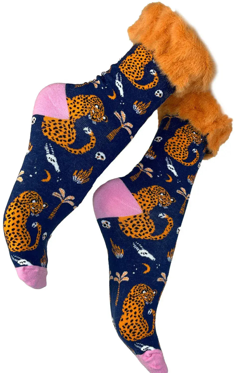 Orange - Faux Fur Trim Silk blend Socks