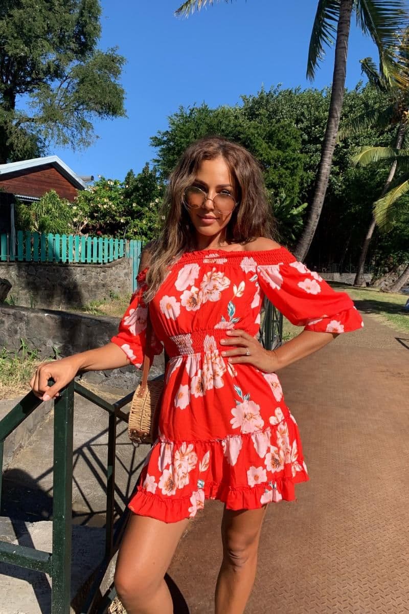 Red Floral Frill Hem Bardot Mini Dress