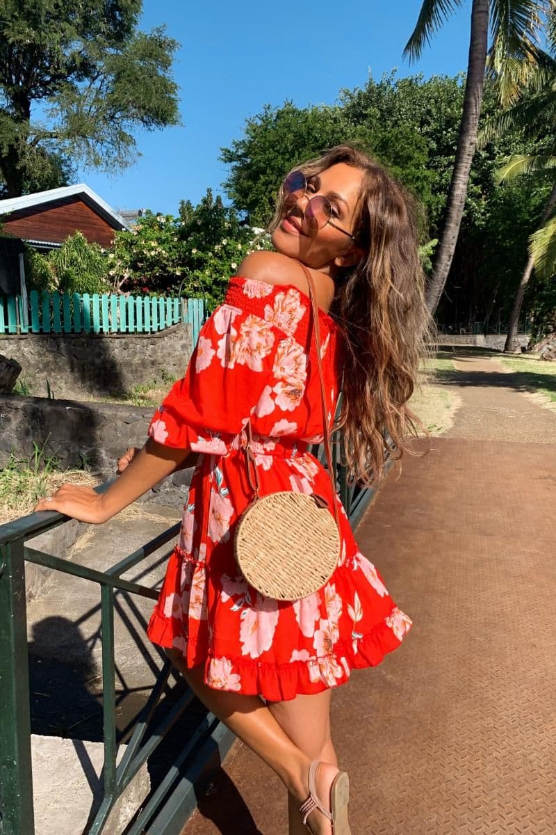 Red Floral Frill Hem Bardot Mini Dress