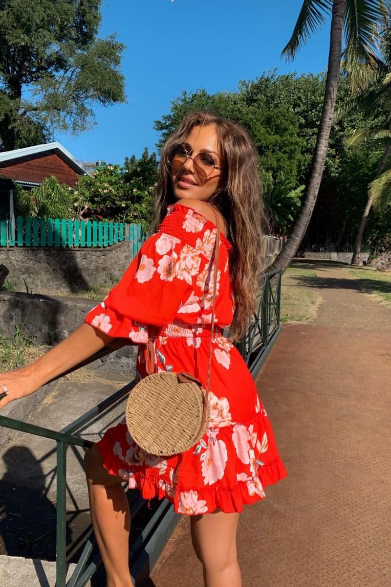 Red Floral Frill Hem Bardot Mini Dress