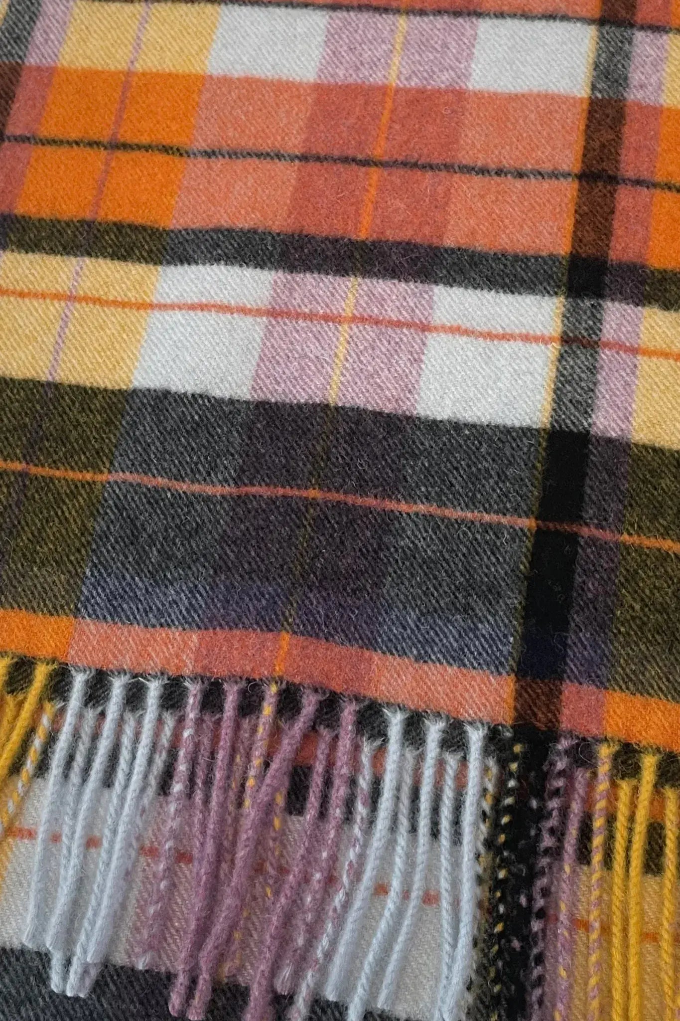 Retro Tartan 100% Wool Tassel Scarf - Orange