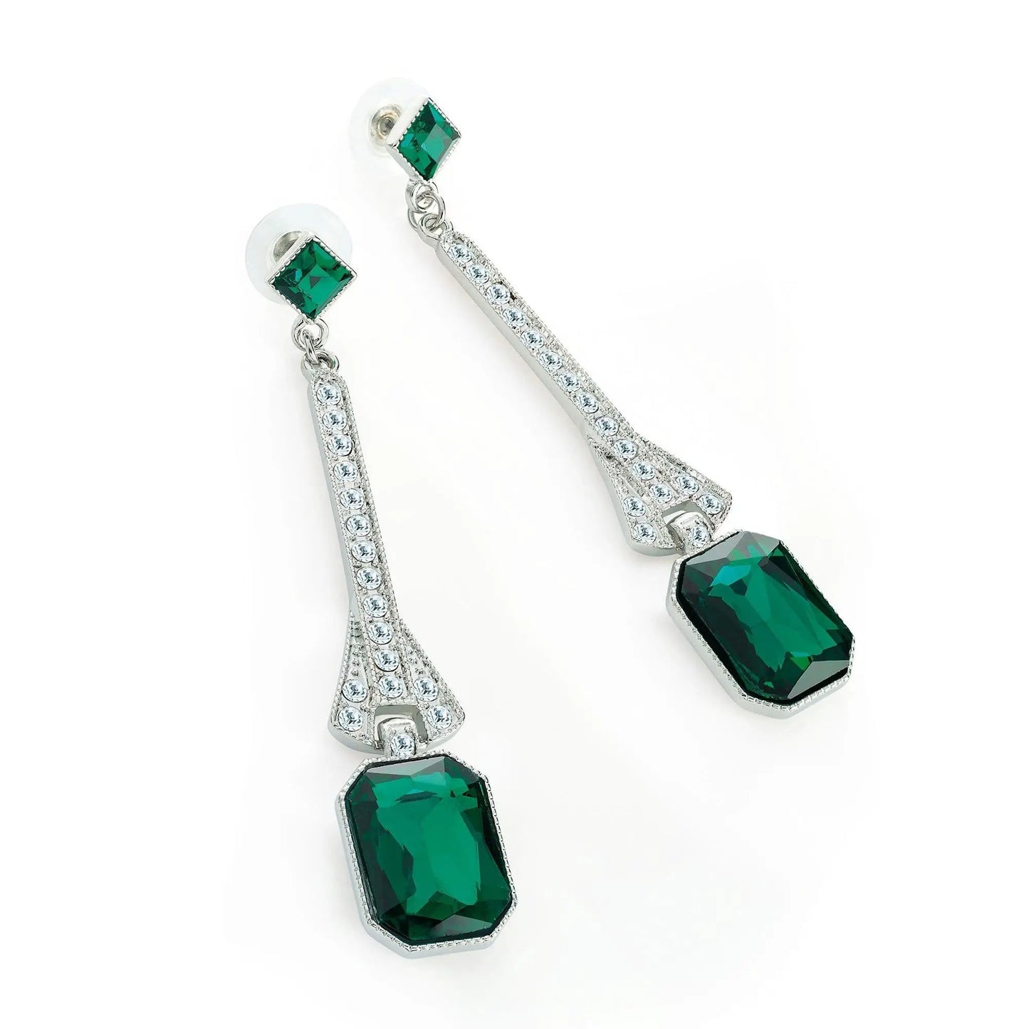 Rhodium colour crystal and green glass bead drop earring. ER32195 by Clarissas Boutique