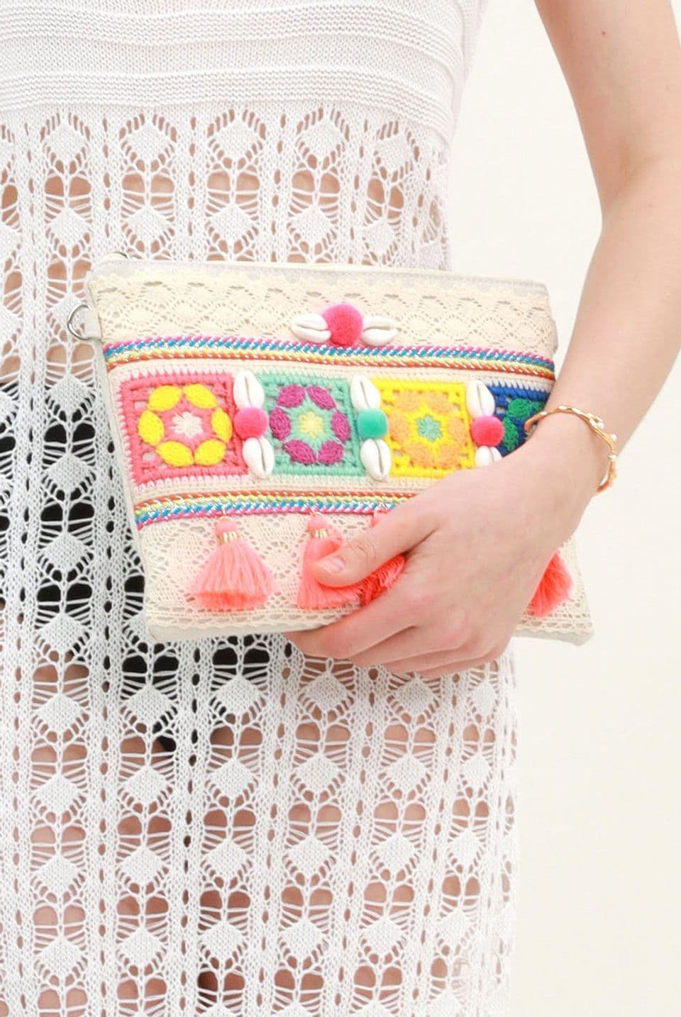 Shell And Tassel Multicoloured Boho Clutch Bag