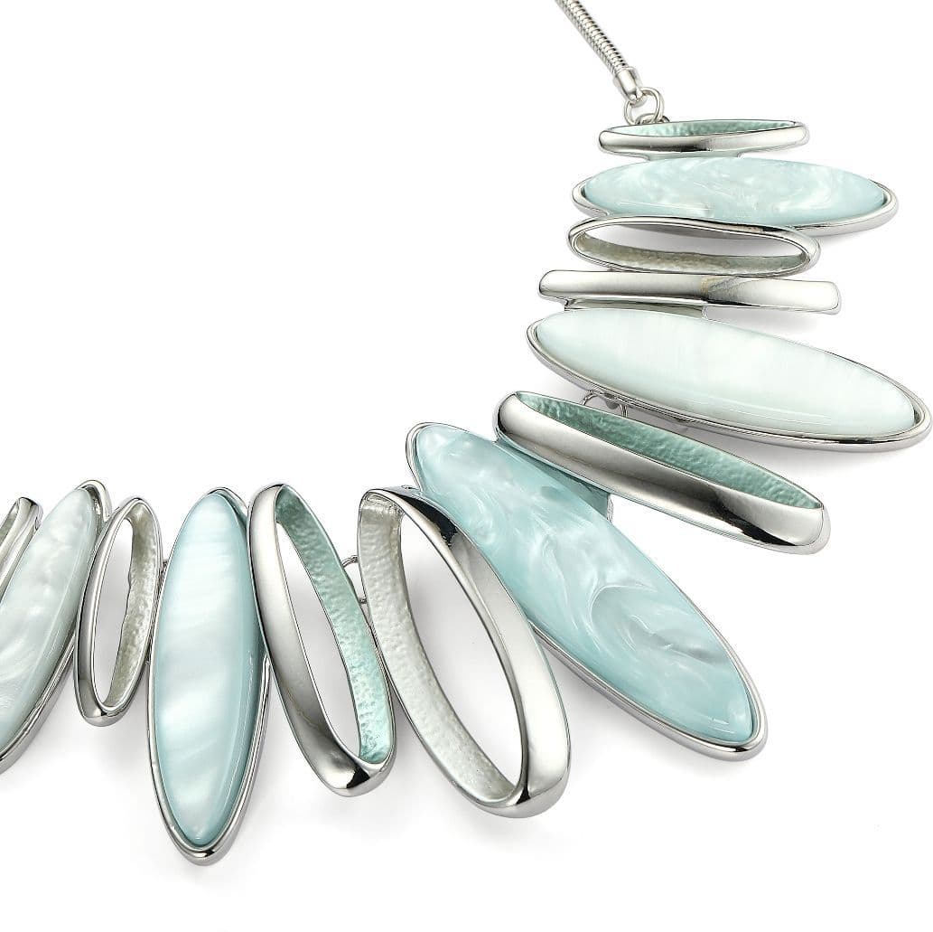 Silver Tone Statement Necklace Earrings Set - Aqua Blue. (SKU: JYK19011BLU)