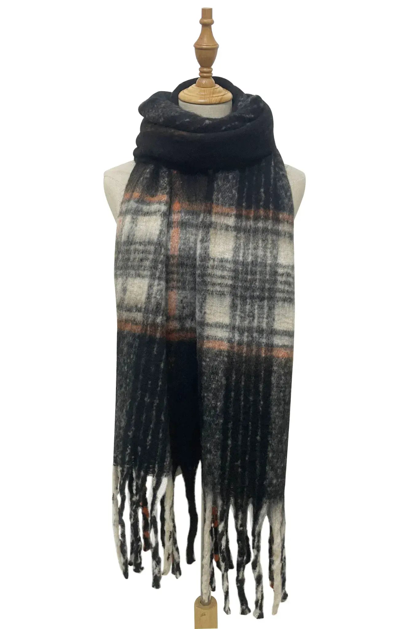 Stripe Check Soft Blanket Tassel Scarf - Black