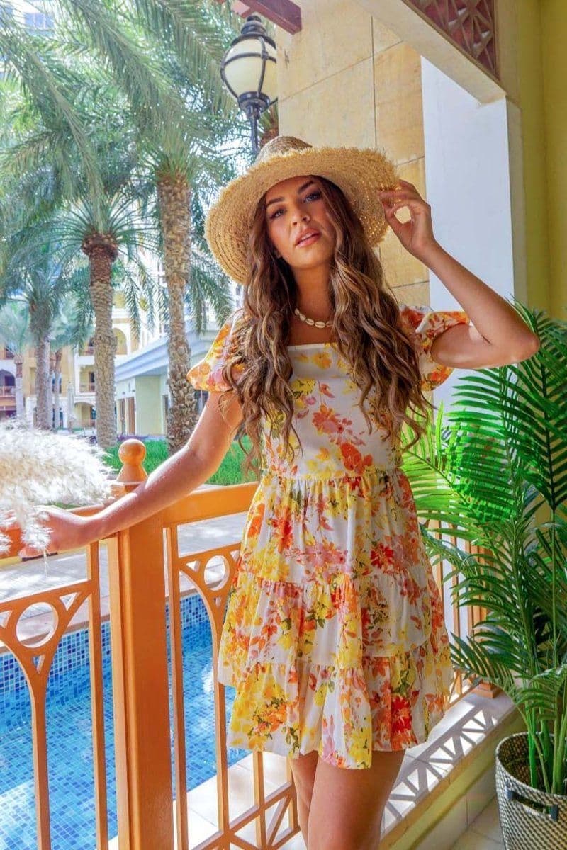 White Yellow Floral Tie Back Tiered Mini Dress