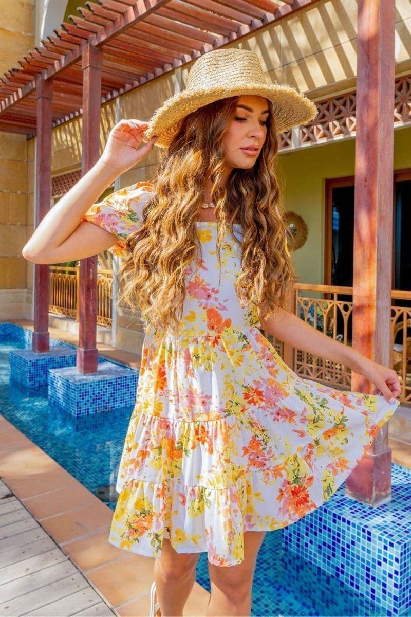 White Yellow Floral Tie Back Tiered Mini Dress