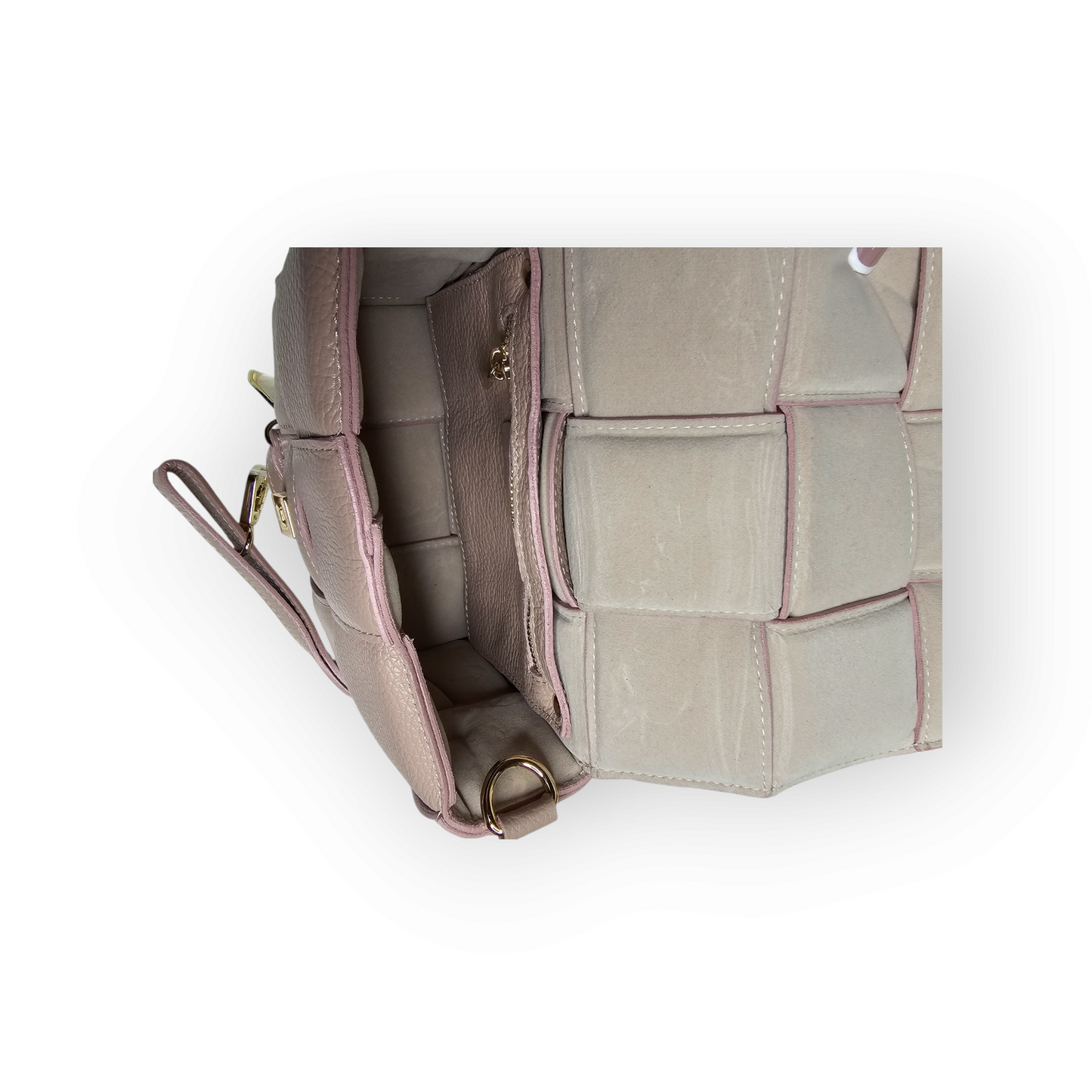 Pale Pink Genuine Leather Woven Handbag