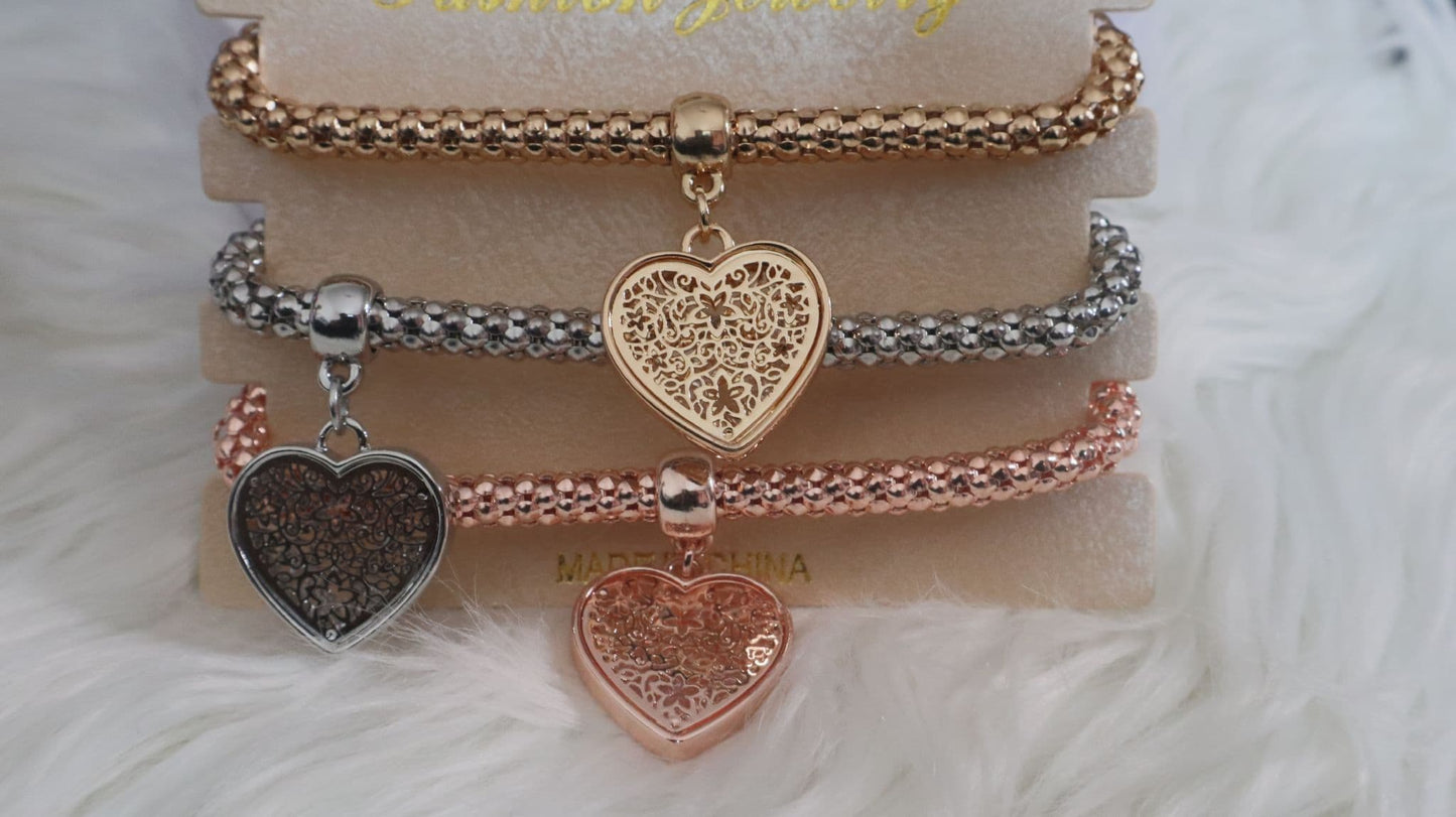 3 - Heart Charm Elasticated Bracelets