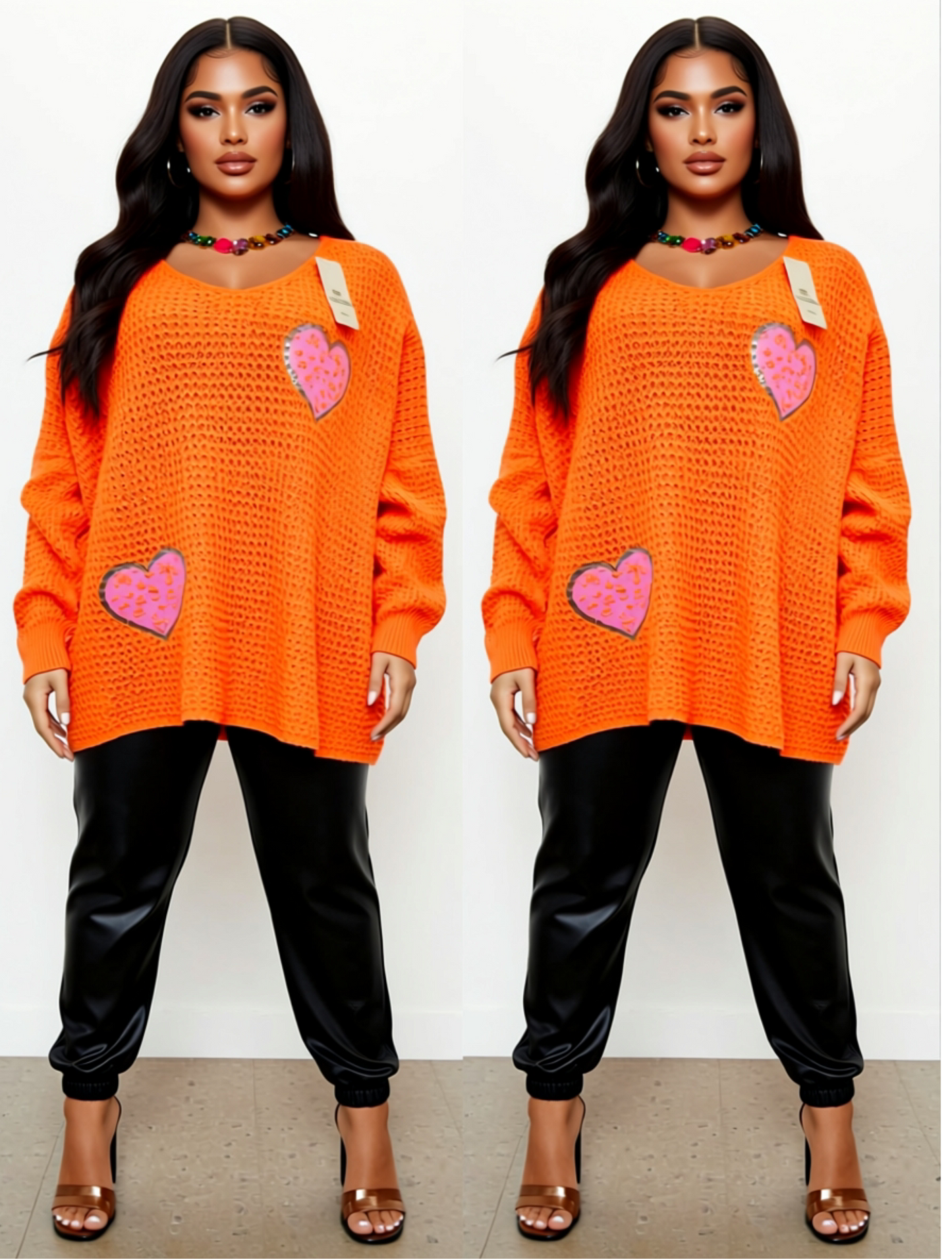 Sunset Orange Oversize Heart Mesh Knit Jumper by Clarissas Boutique London