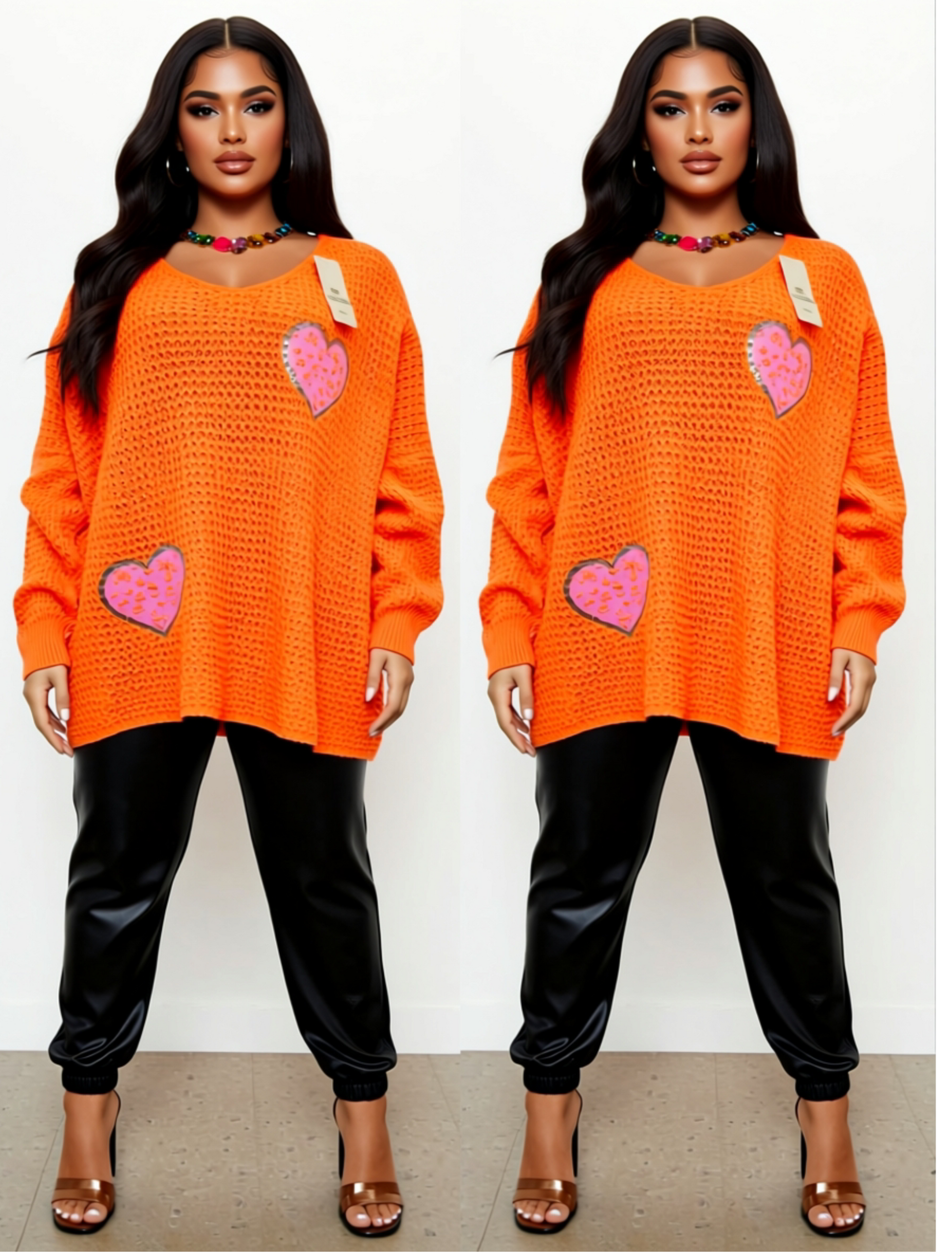 Sunset Orange Oversize Heart Mesh Knit Jumper by Clarissas Boutique London
