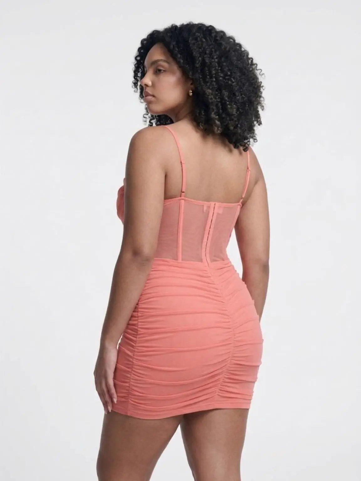 Coral Mesh Corset Detail Rushed Mini Dress-Figure Hugging Design by Clarissas Boutique London