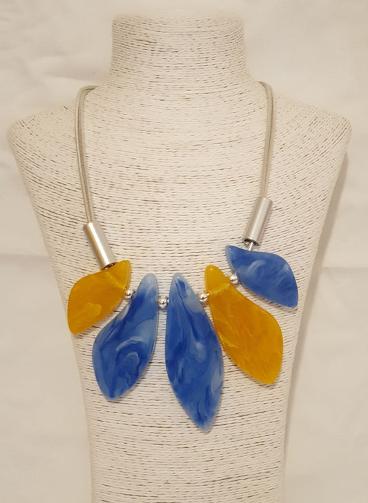 Blue And Yellow Acrylic With Silver Tone Necklace