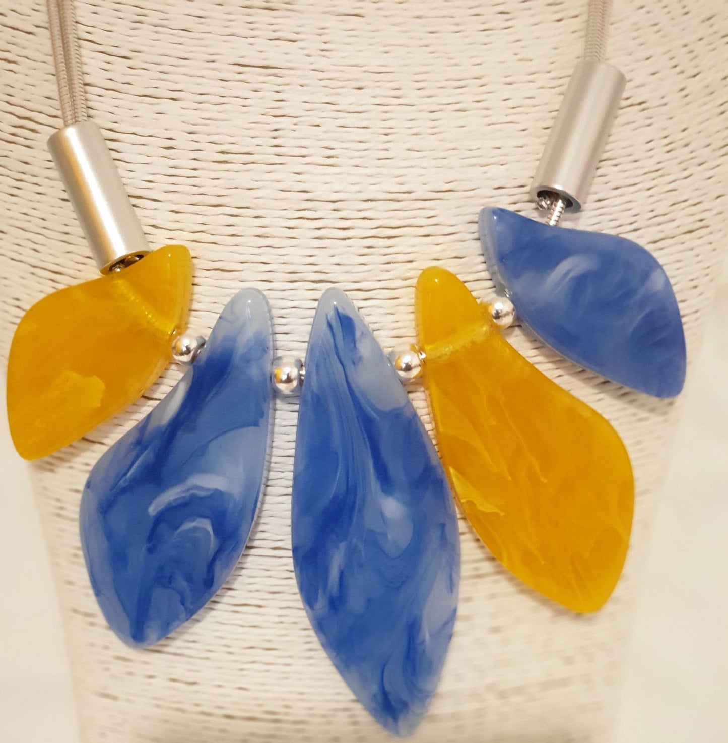 Blue And Yellow Acrylic With Silver Tone Necklace