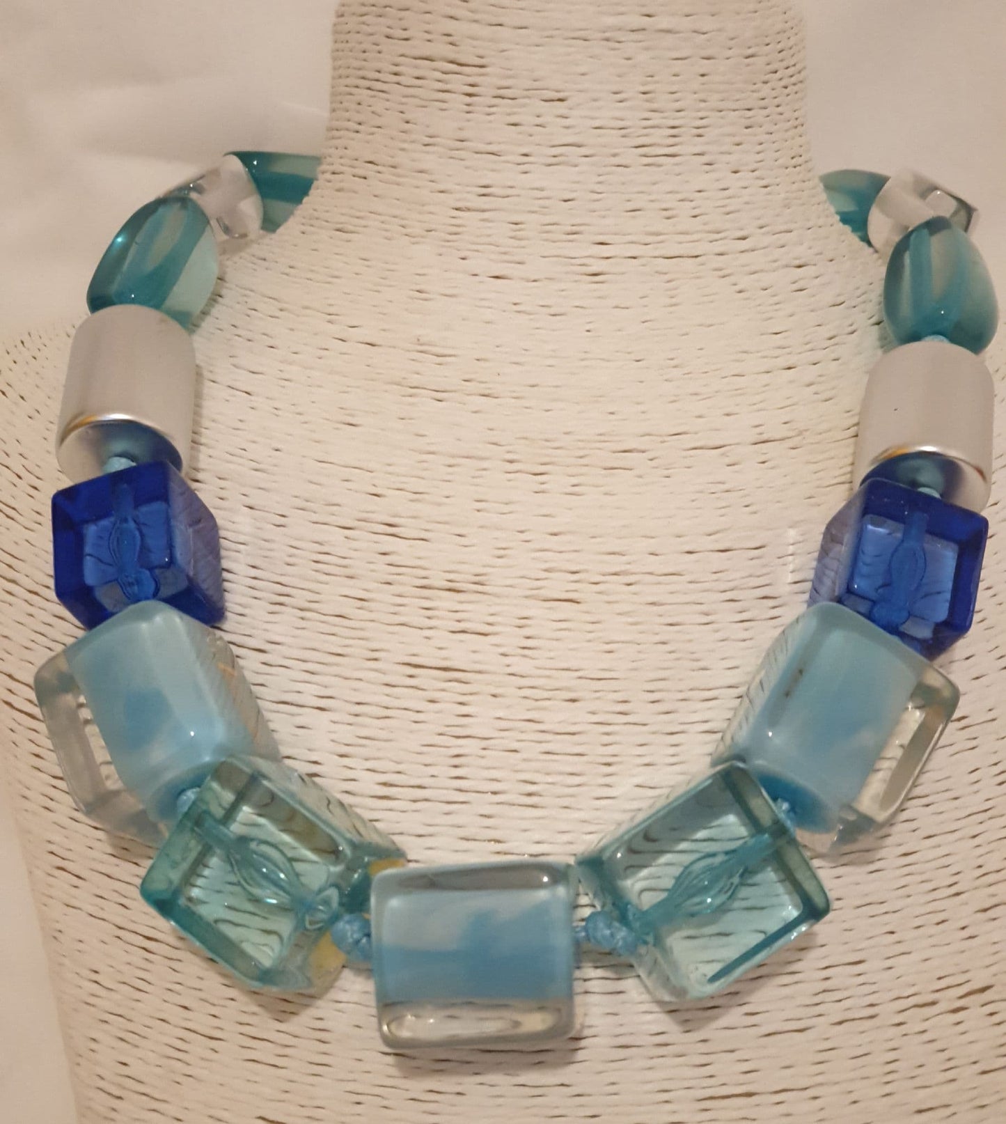 Blue, Teal, Clear Acrylic And Silver Tone Necklace