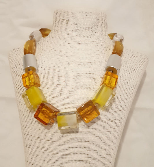 Carmel, Yellow, Clear Crystal Acrylic And Silver Necklace