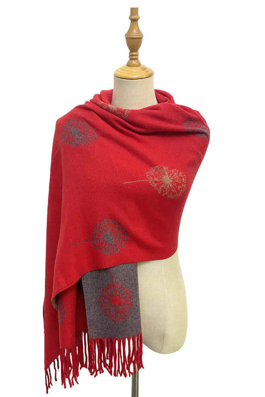 Dandelion Print With Reversible Stripe Tassel Scarf - Red