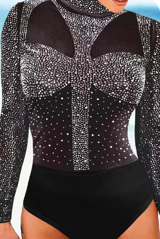 Embellished Diamanté High Neck Sheer Bodysuit - Silver