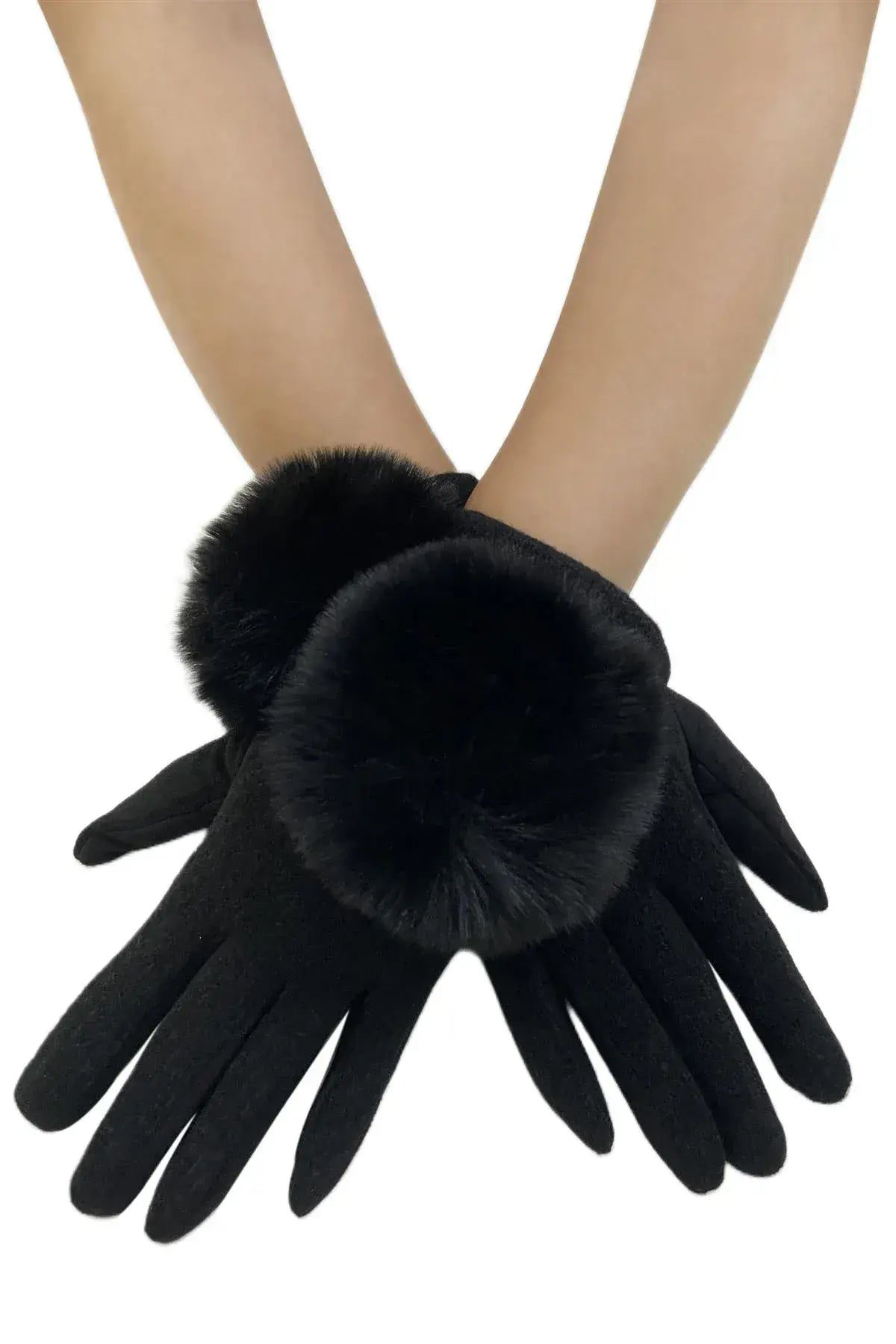 Faux Fur Pom Pom Touch Screen Gloves - Black