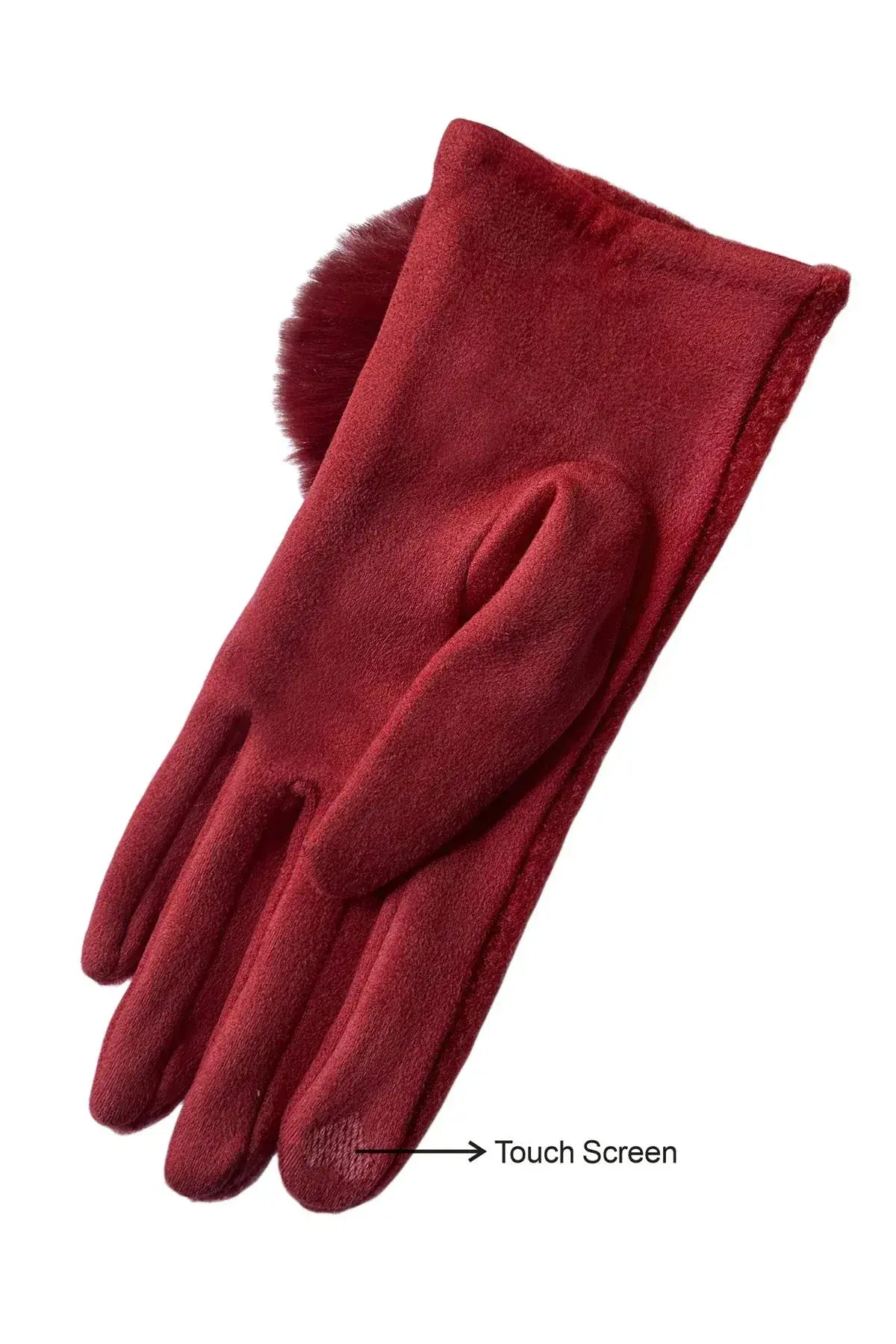 Faux Fur Pom Pom Touch Screen Gloves - Black