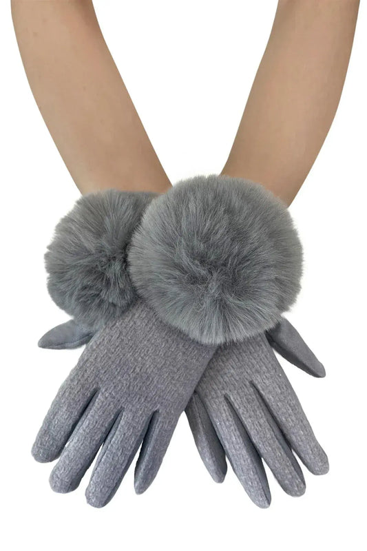 Faux Fur Pom Pom Touch Screen Gloves - Grey