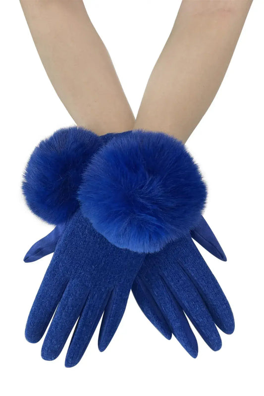 Faux Fur Pom Pom Touch Screen Gloves - Royal Blue